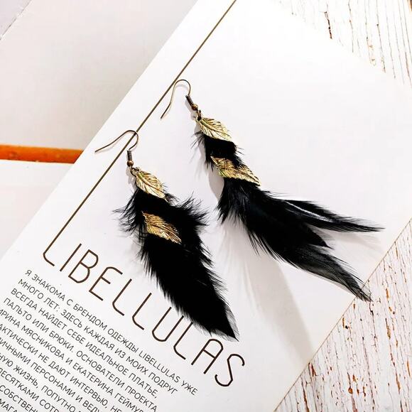Bohemian Black Feather Drop Earrings with Twisted Gold Leaf Vintage Statement - Picture 3 of 4